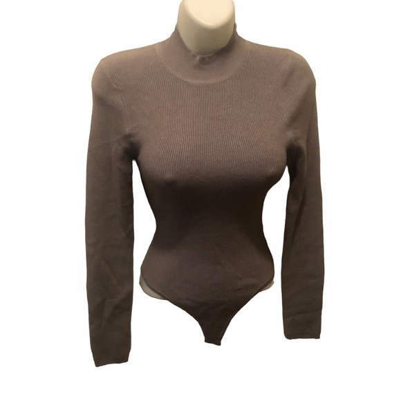 Abercrombie & Fitch Gray Ribbed Bodysuit Sweater Sz. S Mock Neck Cut Out Back - Picture 1 of 6